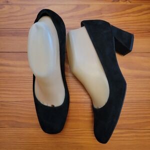 Stuart Weitzman 8M Suede Black Velvet Leather Block Heels Formal Glam Shoes